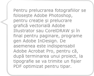 Pentru prelucrarea fotografiilor se folosește Adobe Photoshop, pentru creație și prelucrare grafică vectorială Adobe Illustrator sau CorelDRAW și în final pentru paginare, programe gen Adobe InDesign. De asemenea este indispensabil Adobe Acrobat Pro, pentru că, după terminarea unui proiect, la tipografie se va trimite un fișier PDF optimizat pentru tipar.